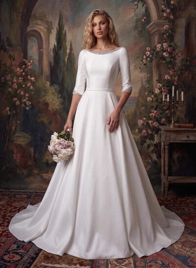 Classic Satin Ball-Gown Wedding Dresses With Beading