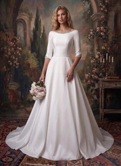 Classic Satin Ball-Gown Wedding Dresses With Beading