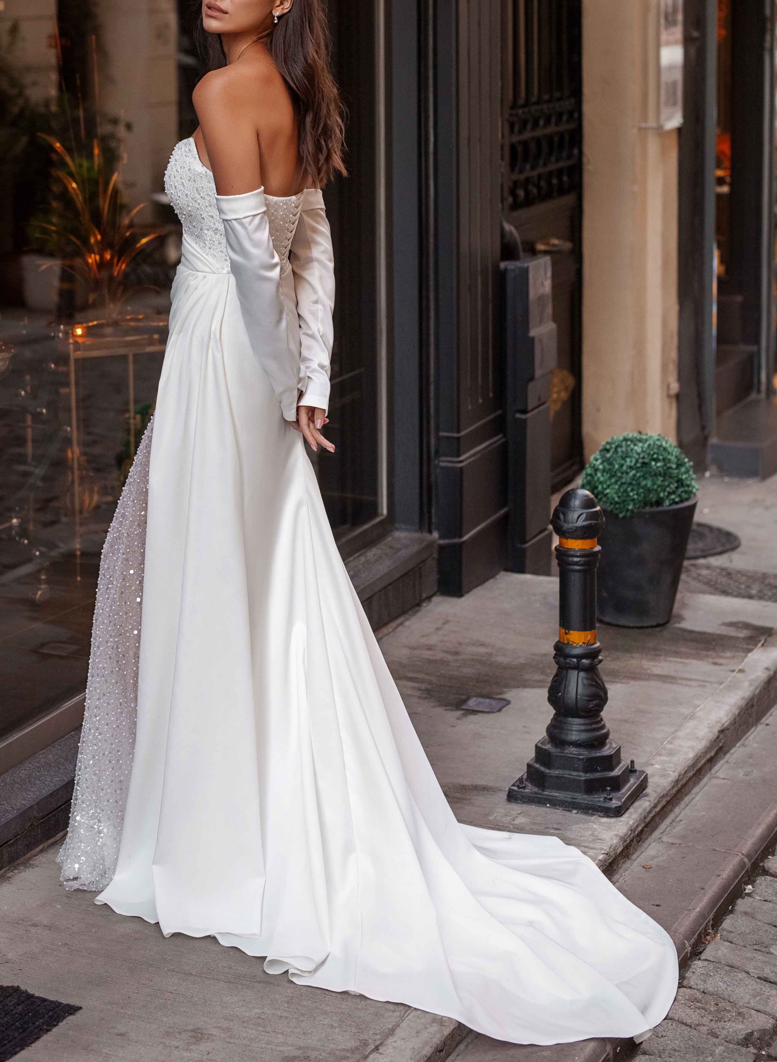 Chic Strapless  Sequined Wedding Dresses With Detachable Sleeves