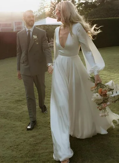 A-Line V-Neck Long Sleeves Sweep Train Silk Like Satin Wedding Dresses
