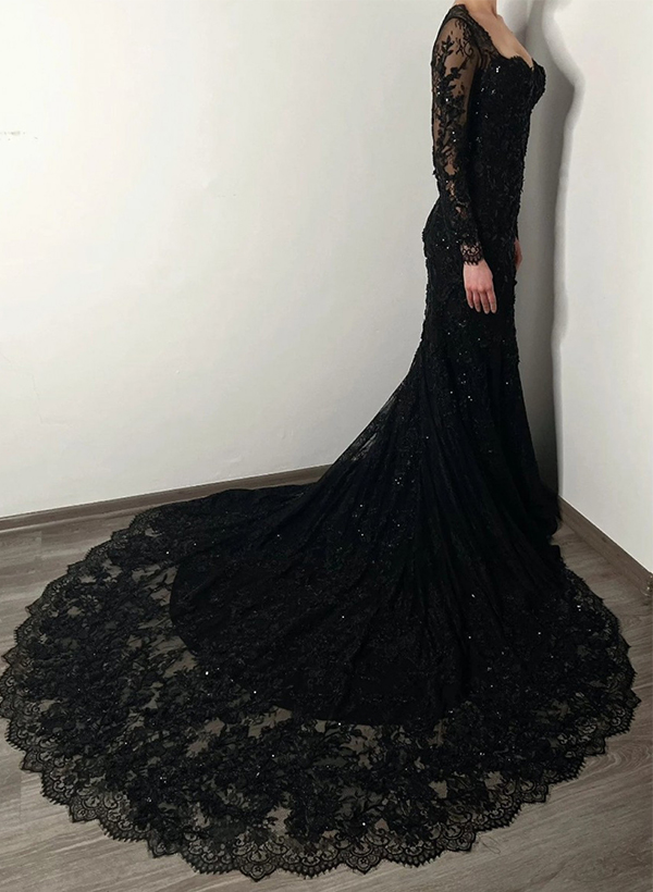 Trumpet/Mermaid Sweetheart Long Sleeves Black Lace Wedding Dresses