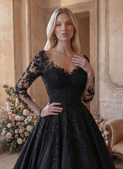 A-Line Illusion Neck Long Sleeves Cathedral Lace/Satin Wedding Dresses With Appliques Lace