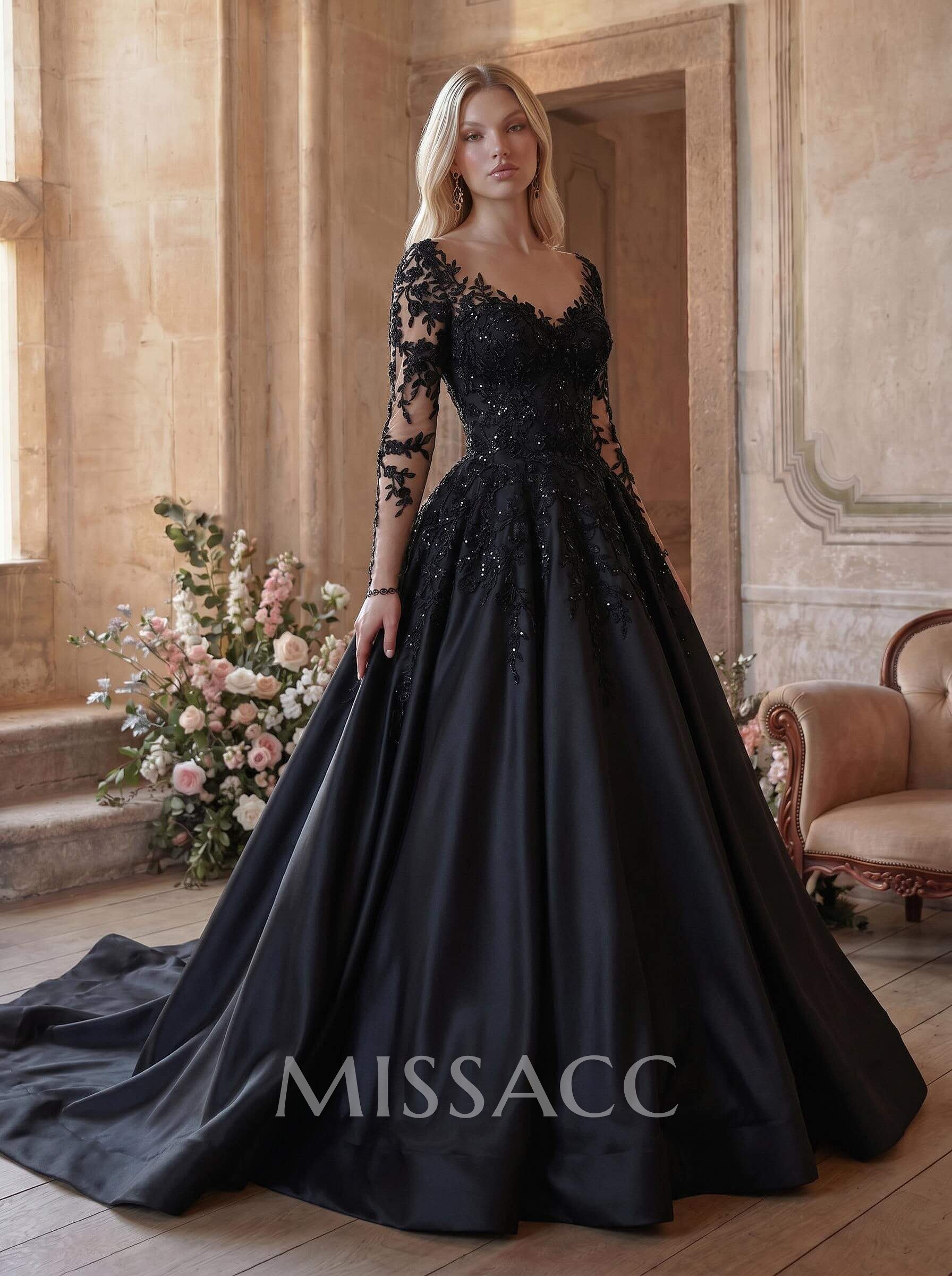 A-Line Illusion Neck Long Sleeves Cathedral Lace/Satin Wedding Dresses With Appliques Lace A-Line Illusion Neck Long Sleeves Cathedral Lace/Satin Wedding Dresses With Appliques Lace