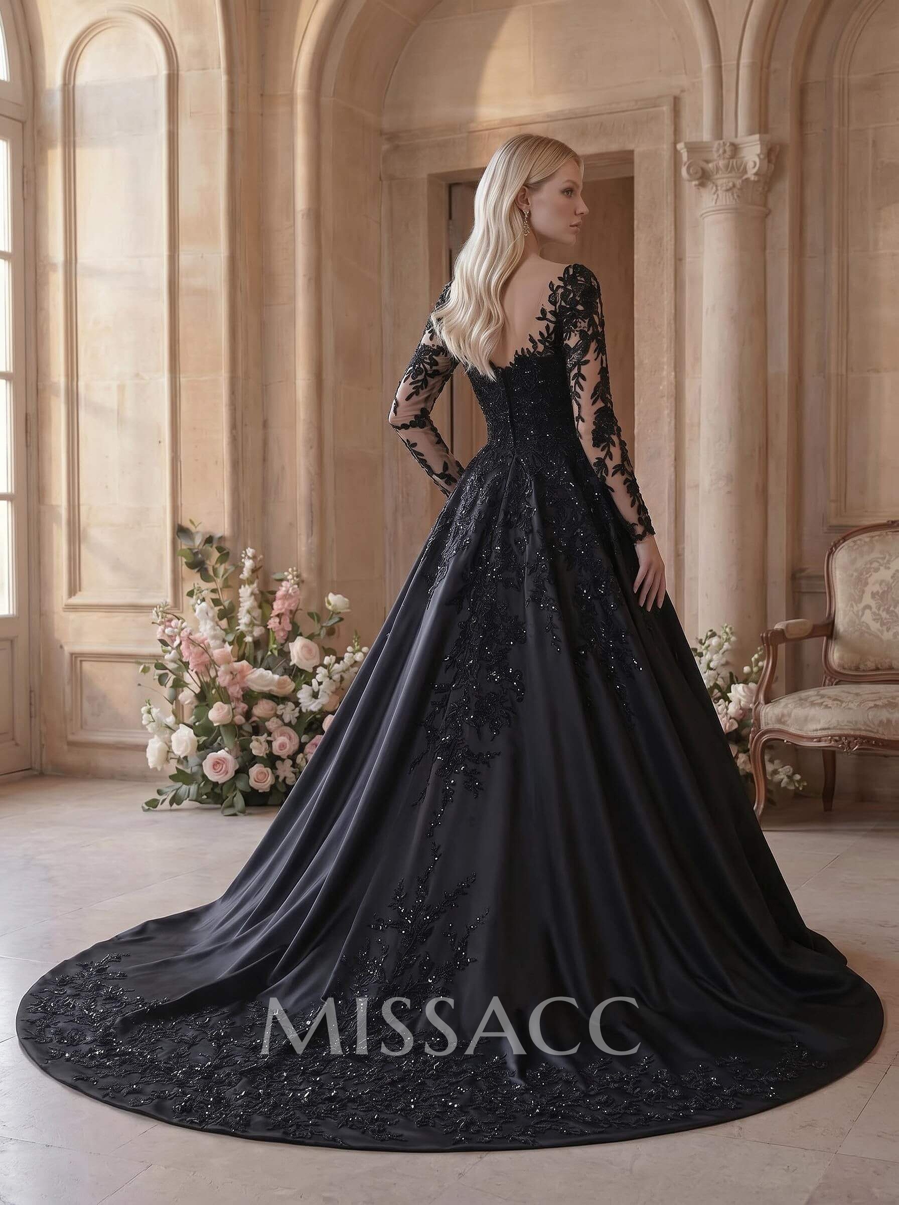 A-Line Illusion Neck Long Sleeves Cathedral Lace/Satin Wedding Dresses With Appliques Lace A-Line Illusion Neck Long Sleeves Cathedral Lace/Satin Wedding Dresses With Appliques Lace
