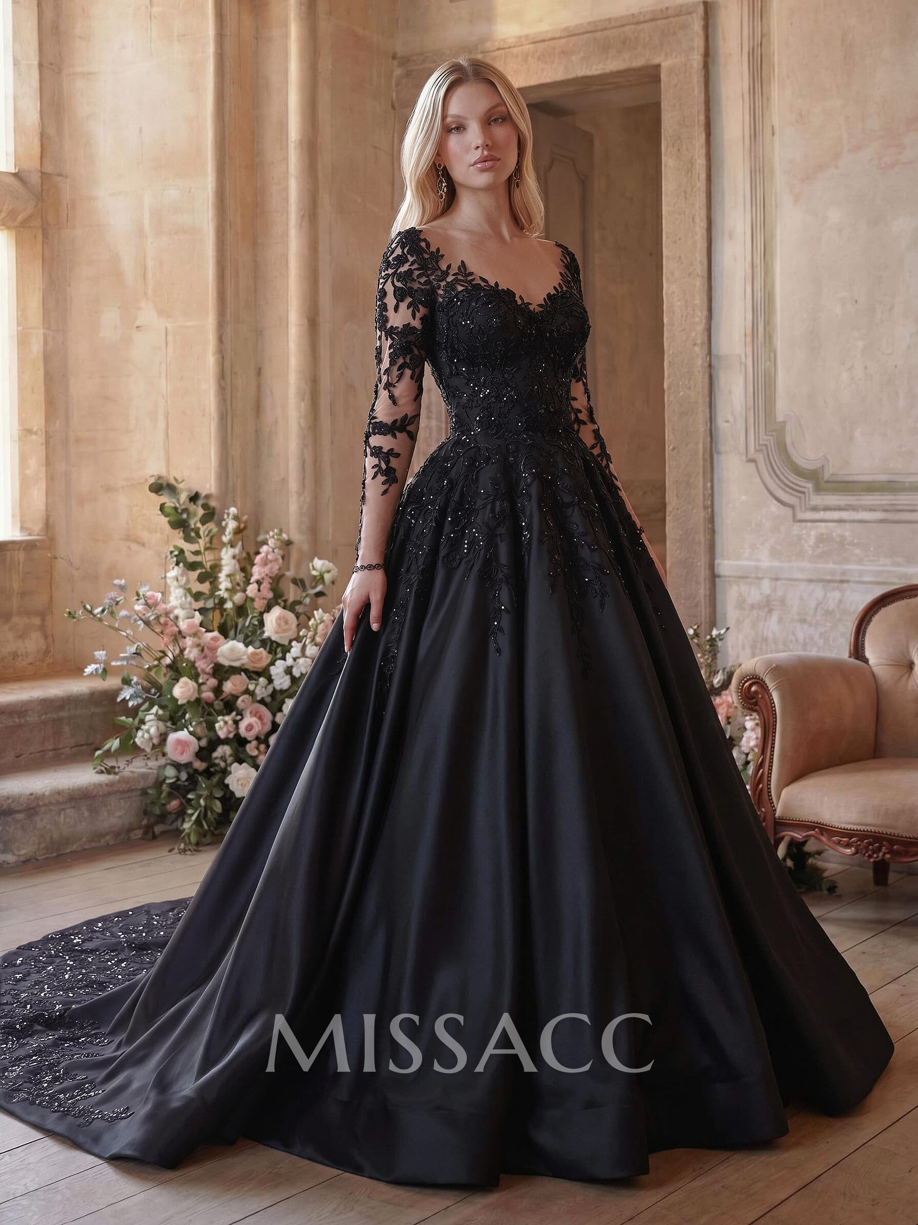 Ball-Gown V-Neck Long Sleeve Tops Cathedral Satin/Non-Stretch Lace Wedding Dresses With Appliques Lace Ball-Gown V-Neck Long Sleeve Tops Cathedral Satin/Non-Stretch Lace Wedding Dresses With Appliques Lace