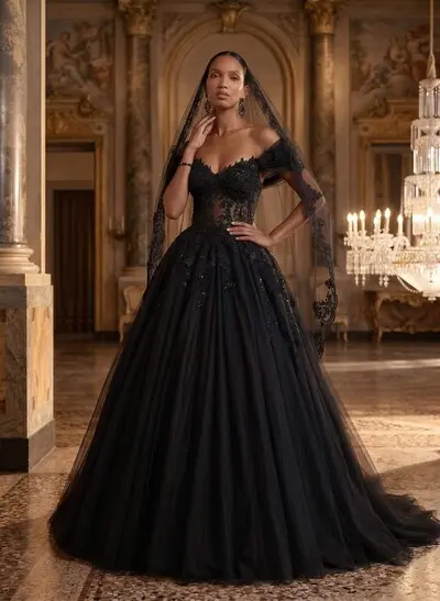 A-Line Off-The-Shoulder Short Sleeves Lace/Tulle Wedding Dresses