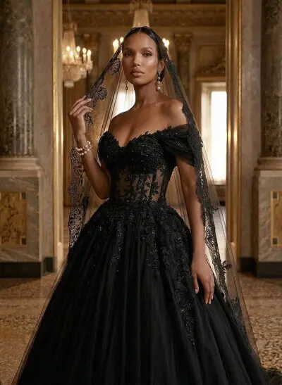 A-Line Off-The-Shoulder Short Sleeves Lace/Tulle Wedding Dresses