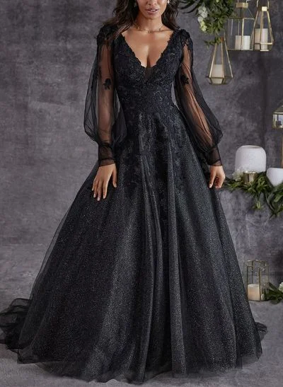 A-Line V-Neck Long Sleeves Sweep Train Lace/Tulle Wedding Dresses