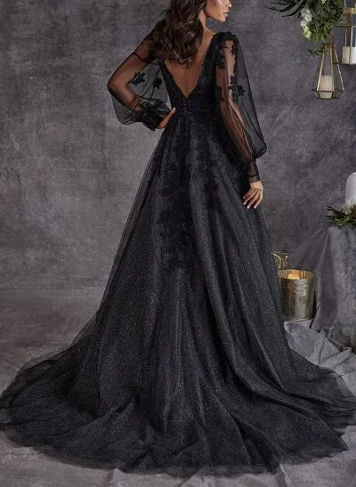 A-Line V-Neck Long Sleeves Sweep Train Lace/Tulle Wedding Dresses