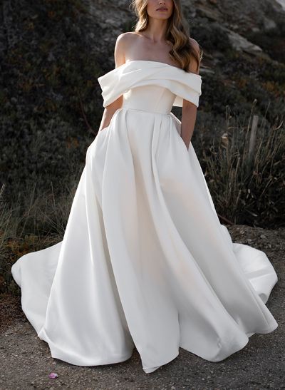 A-Line Off-The-Shoulder Satin Wedding Dresses With Bow(s)/Pockets