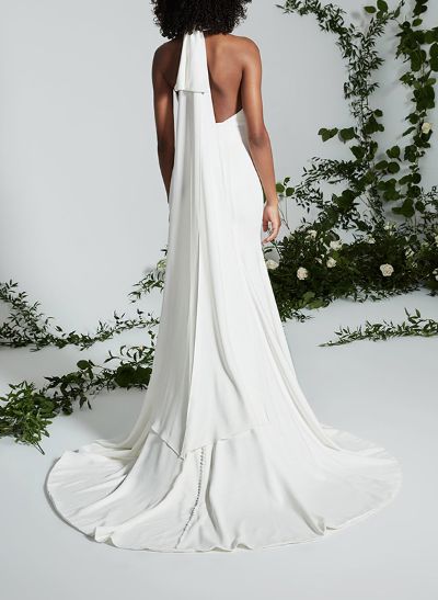 Draped Halter Neck Sleeveless Sweep Train Wedding Dresses