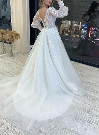 A-Line Sweetheart Long Sleeves Sweep Train Lace/Tulle Wedding Dresses