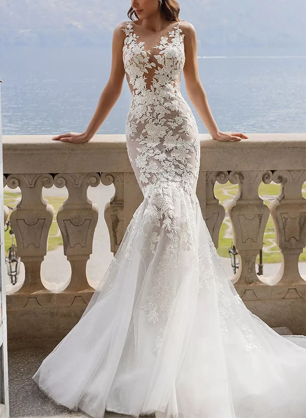 Missacc Bride Trumpet/Mermaid Illusion Neck Sleeveless Lace/Tulle Wedding Dresses