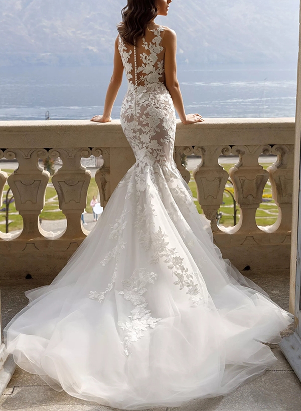 Trumpet/Mermaid Illusion Neck Sleeveless Lace/Tulle Wedding Dresses