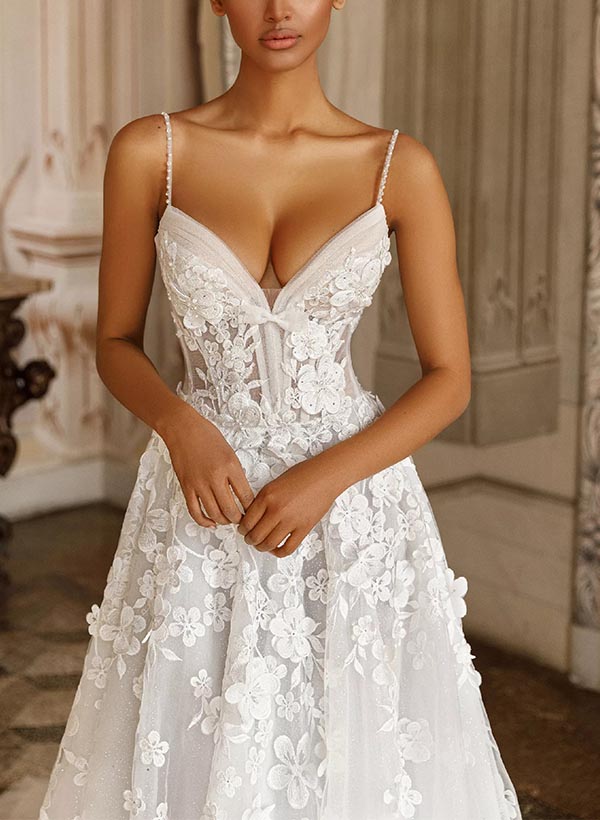 A-Line V-Neck Sleeveless Sweep Train Lace/Tulle Wedding Dresses