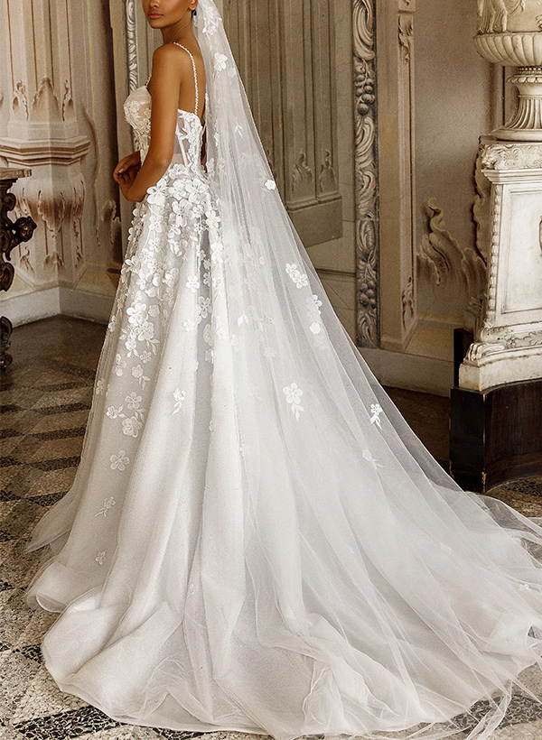 A-Line V-Neck Sleeveless Sweep Train Lace/Tulle Wedding Dresses