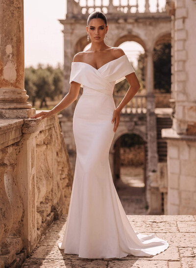 Off-The-Shoulder Sleeveless Sweep Train Charmeuse Wedding Dresses