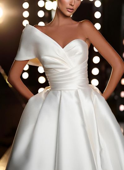 A-Line One-Shoulder Sleeveless Sweep Train Elastic Satin Wedding Dresses