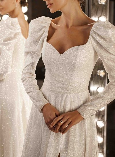 Sequined Long Sleeves A-Line Slit Wedding Dresses