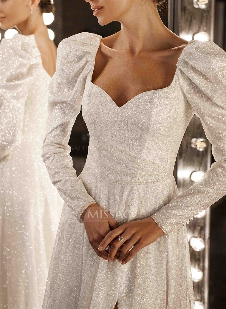 Sequined Long Sleeves A-Line Slit Wedding Dresses