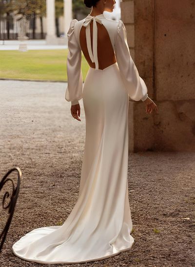 High Neck Long Sleeves Asymmetrical Silk Like Satin Wedding Dresses With Split Front