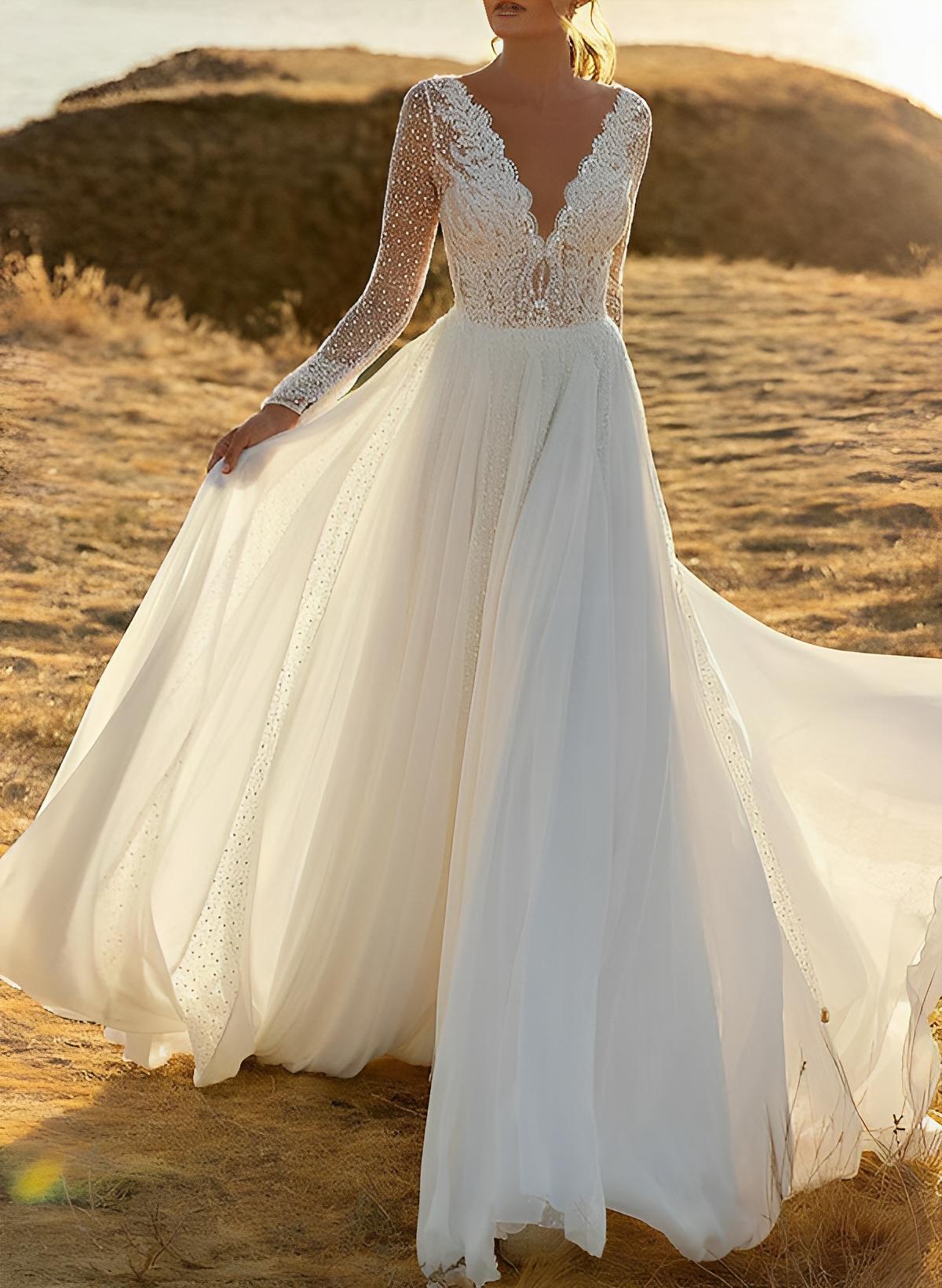 A-Line V-Neck Long Sleeves Sweep Train Chiffon/Lace Wedding Dresses With Lace