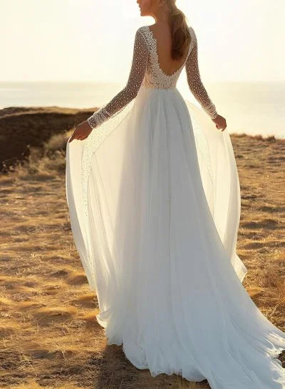 A-Line V-Neck Long Sleeves Sweep Train Chiffon/Lace Wedding Dresses With Lace