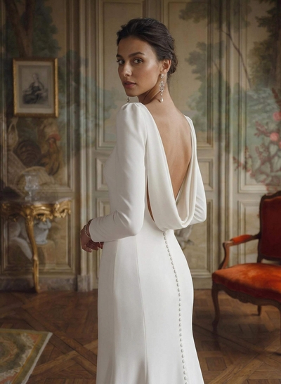 Mermaid Scoop Neck Long Sleeves Court Train Elastic Satin Wedding Dresses