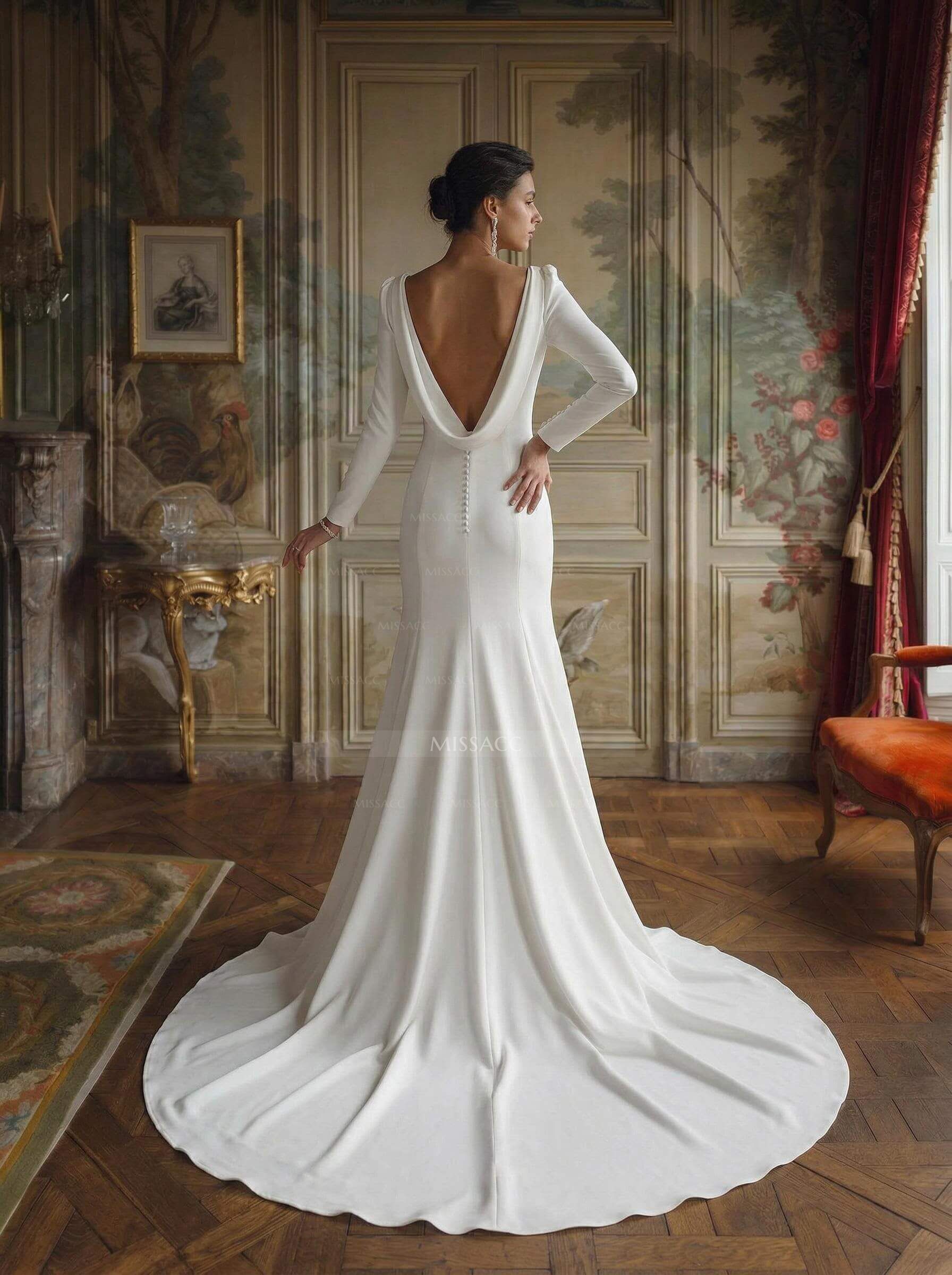 Mermaid Scoop Neck Long Sleeves Court Train Elastic Satin Wedding Dresses Mermaid Scoop Neck Long Sleeves Court Train Elastic Satin Wedding Dresses