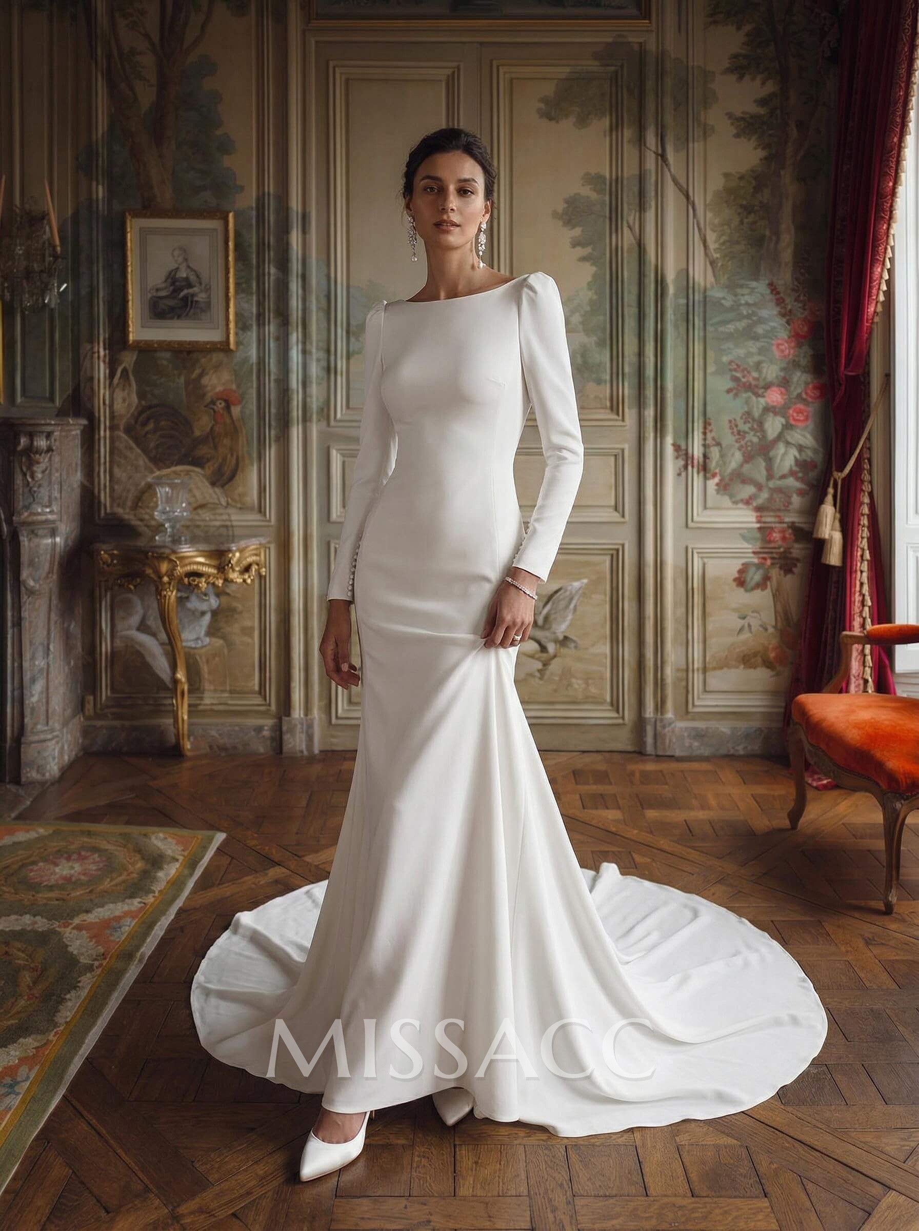 Mermaid Scoop Neck Long Sleeves Court Train Elastic Satin Wedding Dresses Mermaid Scoop Neck Long Sleeves Court Train Elastic Satin Wedding Dresses