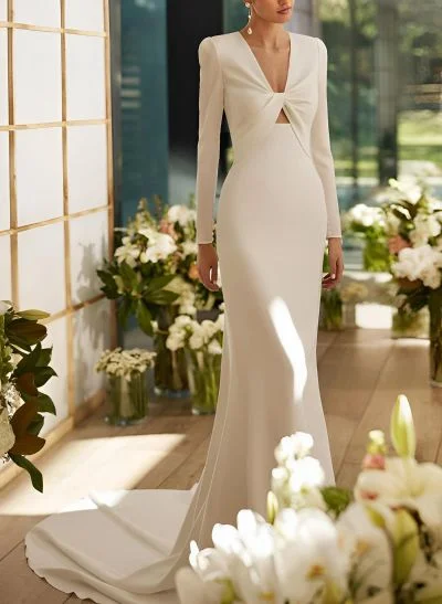 Mermaid Long Sleeves Court Train Elastic Satin Wedding Dresses