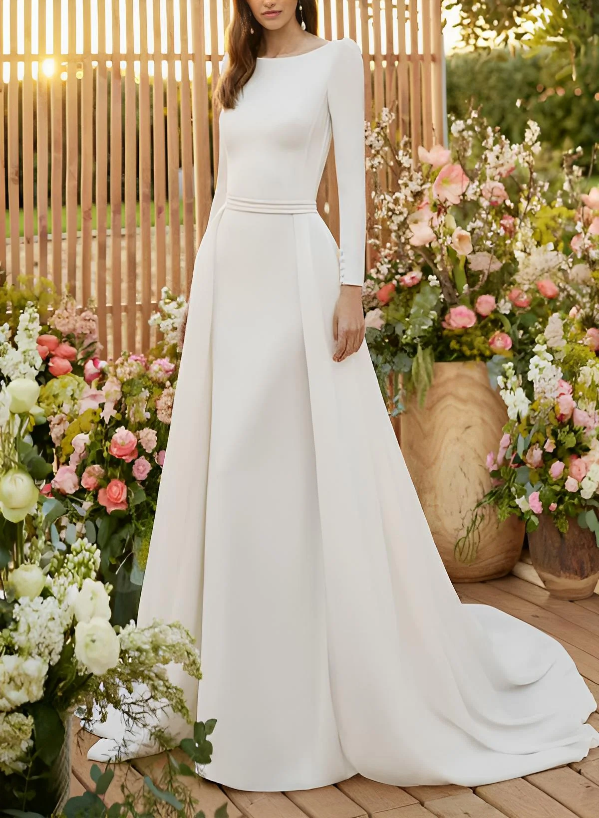 knee length dresses for ladies Berylove Women Ivory Wedding Dress with Long Sleeves Satin A-Line High Neck Lace Bridal Dress, Ivory / Custom main image 0