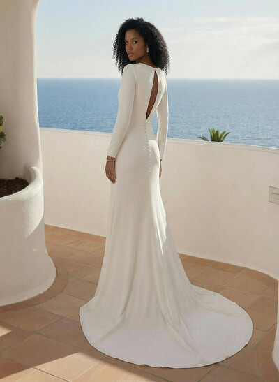 Sheath V-Neck Long Sleeves Court Train Elastic Satin Wedding Dresses With Split Front