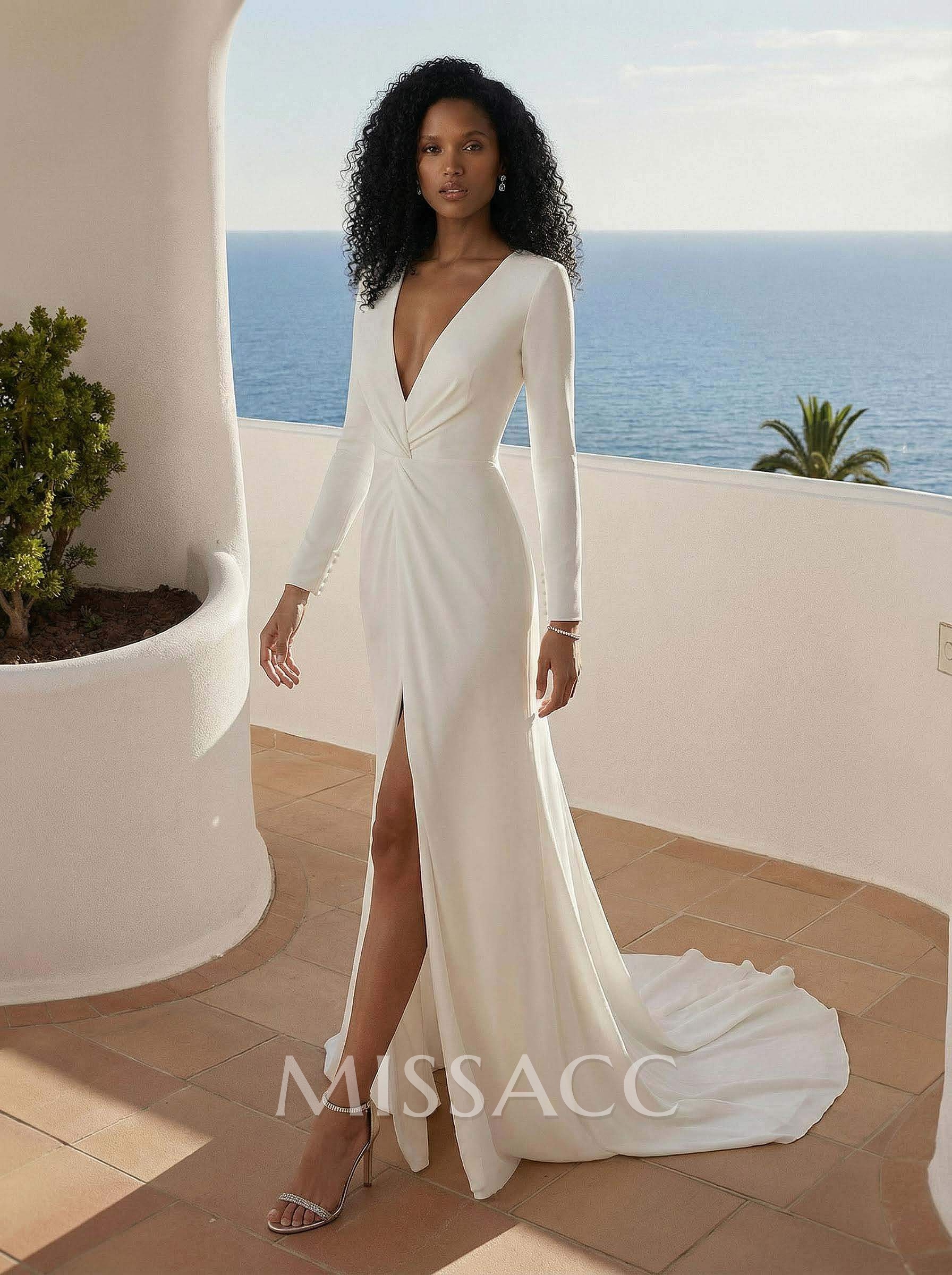 Sheath V-Neck Long Sleeves Court Train Elastic Satin Wedding Dresses With Split Front Sheath V-Neck Long Sleeves Court Train Elastic Satin Wedding Dresses With Split Front