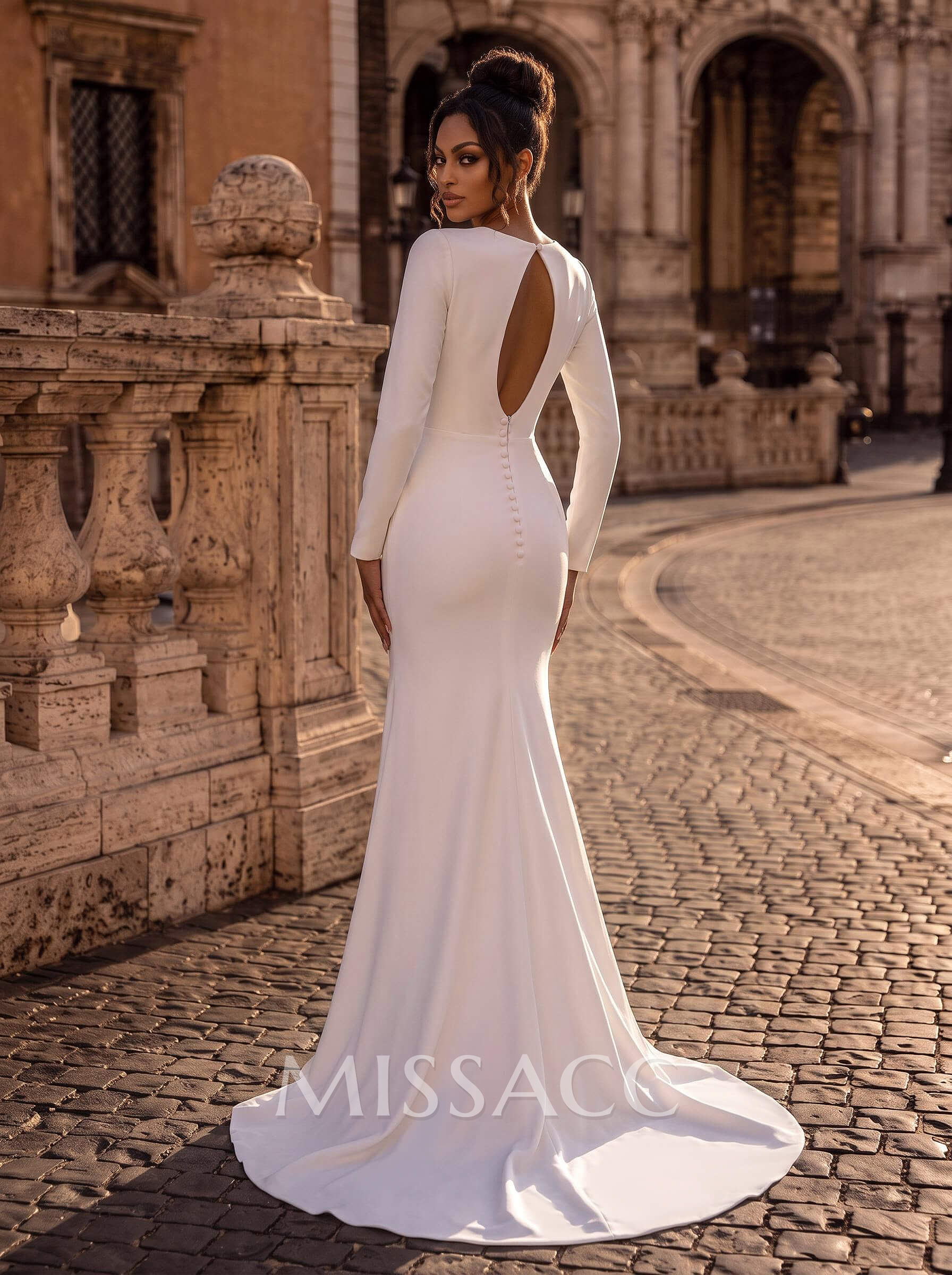 Sheath V-Neck Long Sleeves Court Train Elastic Satin Wedding Dresses With Split Front Sheath V-Neck Long Sleeves Court Train Elastic Satin Wedding Dresses With Split Front