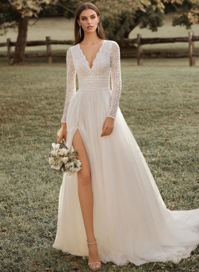 A-Line V-Neck Long Sleeves Court Train Chiffon/Lace Wedding Dresses With Split Front
