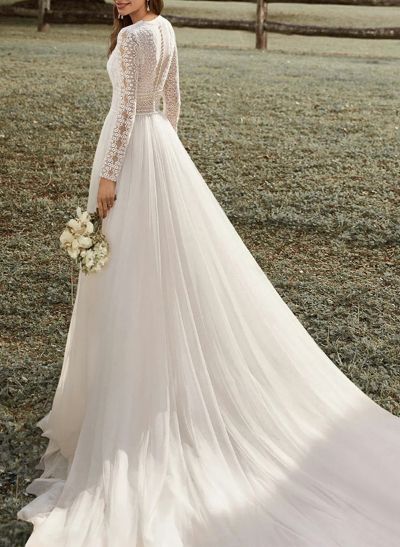 A-Line V-Neck Long Sleeves Court Train Chiffon/Lace Wedding Dresses With Split Front