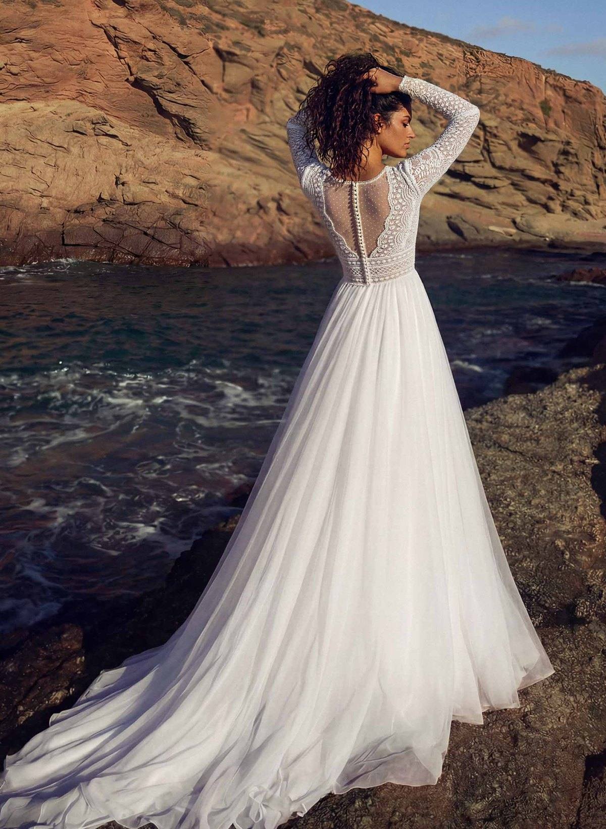 A-Line V-Neck Long Sleeves Court Train Chiffon/Lace Wedding Dresses With Split Front