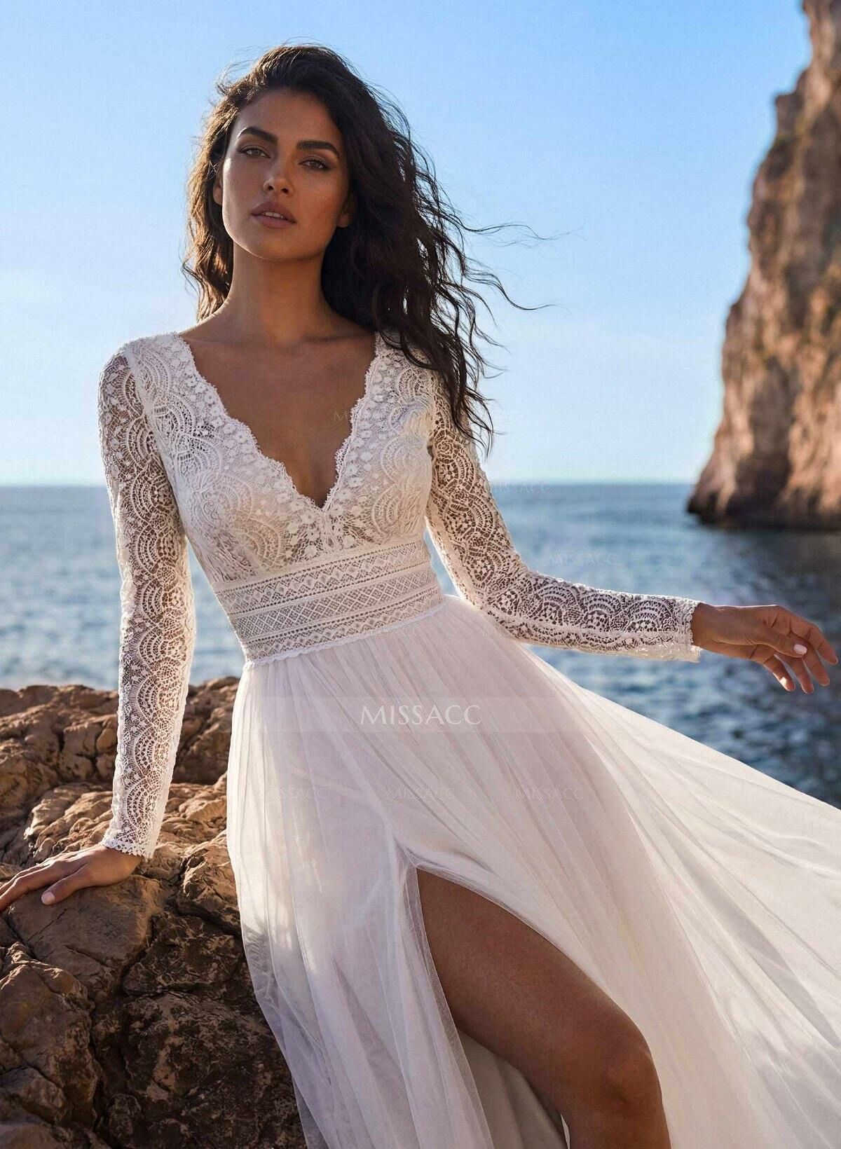 A-Line V-Neck Long Sleeves Court Train Chiffon/Lace Wedding Dresses With Split Front