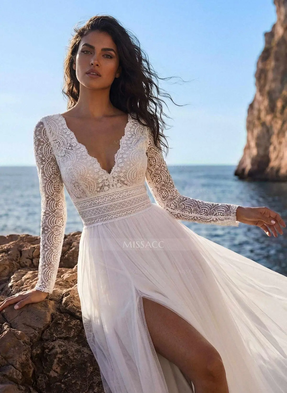 A-Line V-Neck Long Sleeves Court Train Chiffon/Lace Wedding