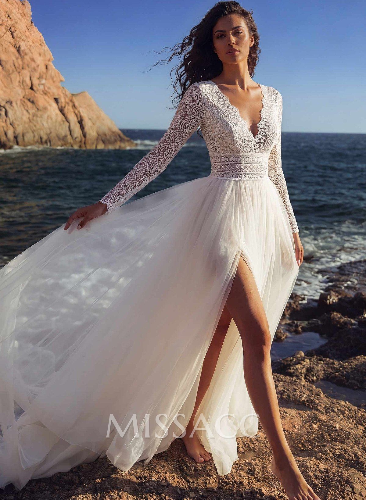 A-Line V-Neck Long Sleeves Court Train Chiffon/Lace Wedding Dresses With Split Front A-Line V-Neck Long Sleeves Court Train Chiffon/Lace Wedding Dresses With Split Front