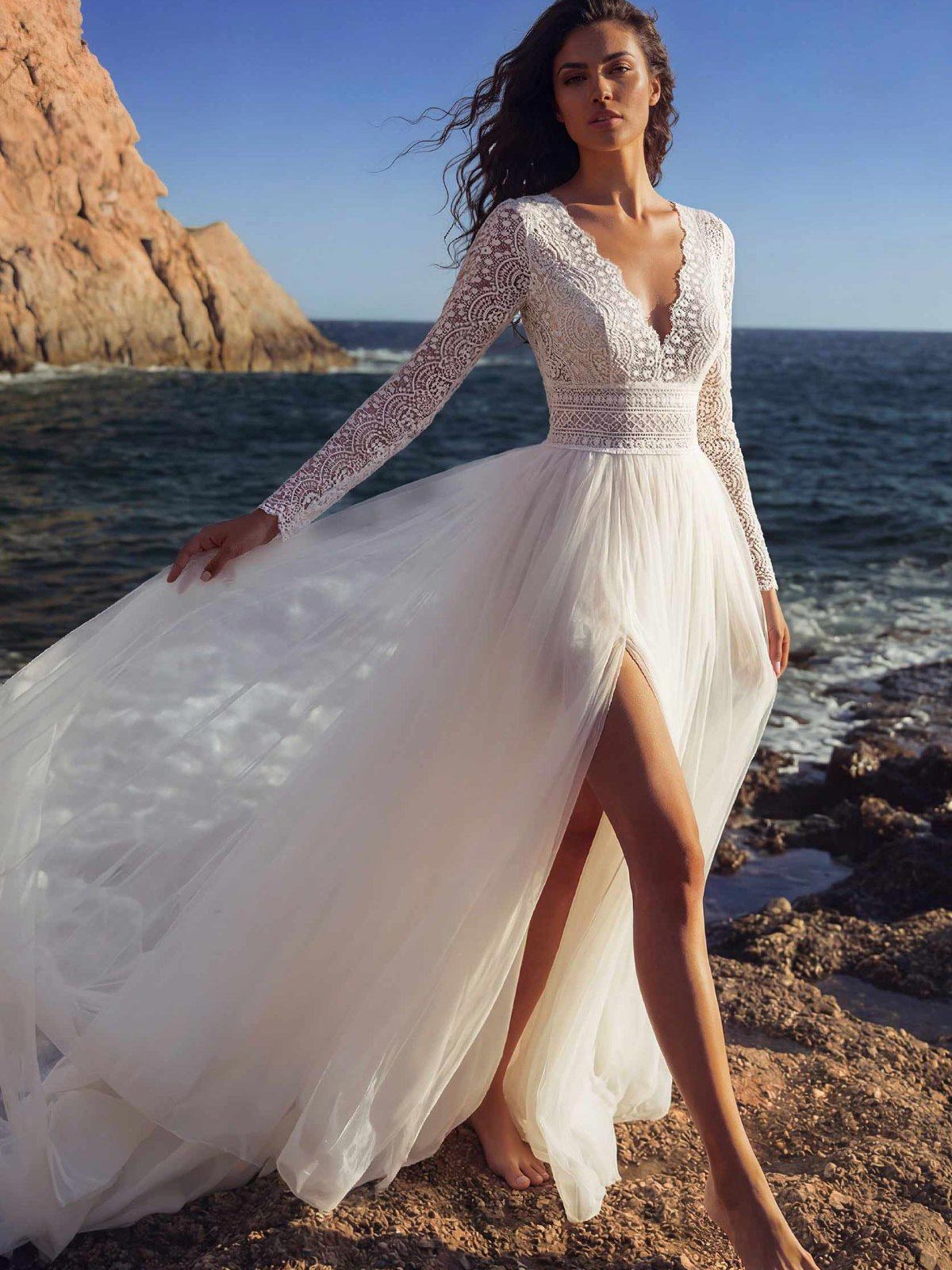 A-Line V-Neck Long Sleeves Court Train Chiffon/Lace Wedding Dresses With Split Front A-Line V-Neck Long Sleeves Court Train Chiffon/Lace Wedding Dresses With Split Front