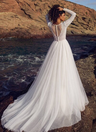 A-Line V-Neck Long Sleeve Tops Chapel Train Chiffon/Non-Stretch Lace Wedding Dresses With Front Split