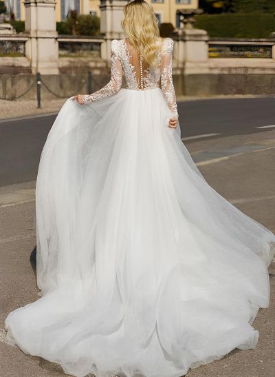 V-Neck Long Sleeves Asymmetrical Lace Wedding Dresses