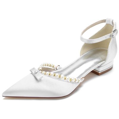Pearl Embellished Point Toe Silk Like Satin Wedding Shoes