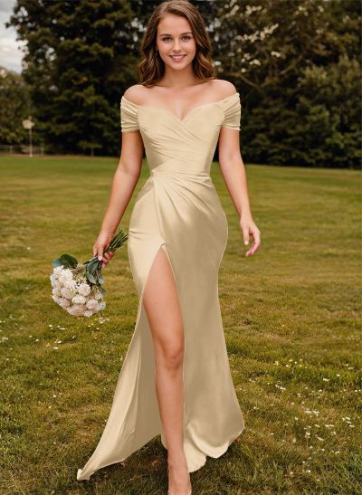 Sheath/Column Off-The-Shoulder Jersey Bridesmaid Dresses With High Split