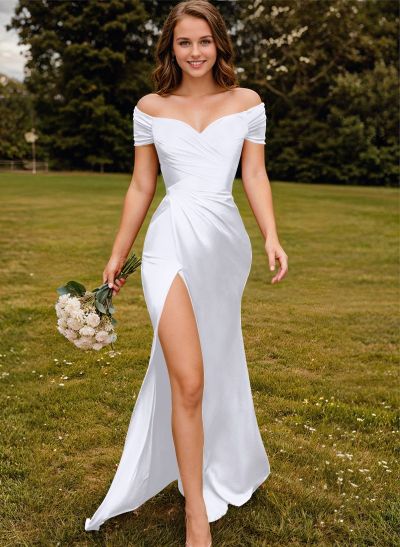 Sheath/Column Off-The-Shoulder Jersey Bridesmaid Dresses With High Split