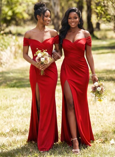 Sheath/Column Off-The-Shoulder Jersey Bridesmaid Dresses With High Split