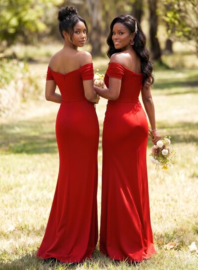 Sheath/Column Off-The-Shoulder Jersey Bridesmaid Dresses With High Split