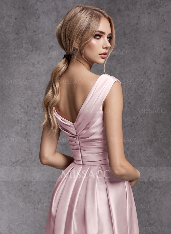 A-Line V-Neck Sleeveless Floor-Length Satin Bridesmaid Dresses With Ruffle